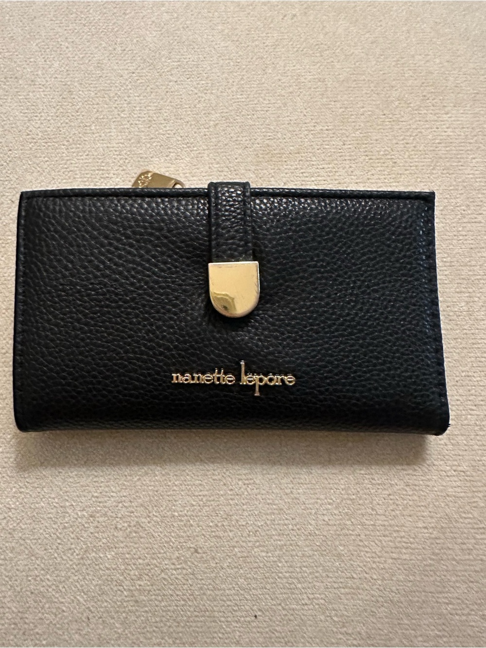 Nanette Lepore Black Leather Fold Wallet with Gold-Tone Accents